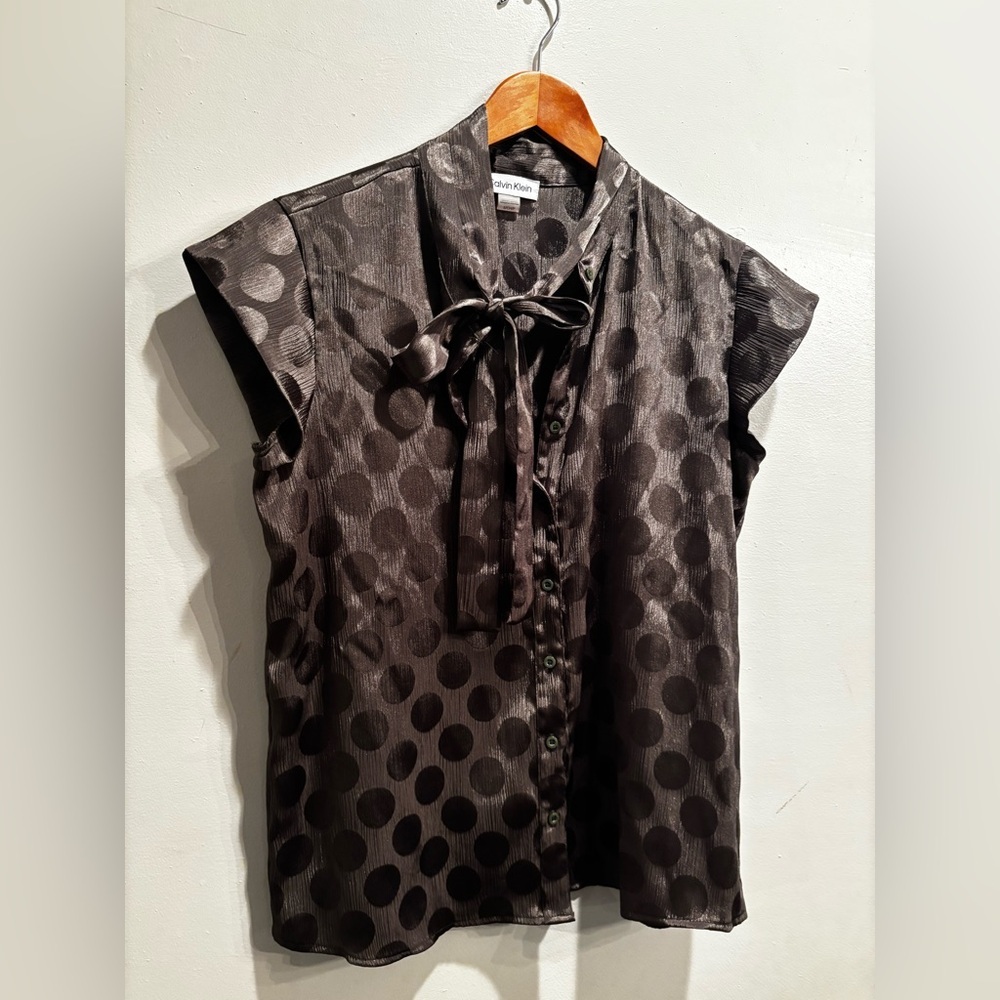 Calvin Klein olive  Polka Dot Blouse career wear office whimsicle tie business